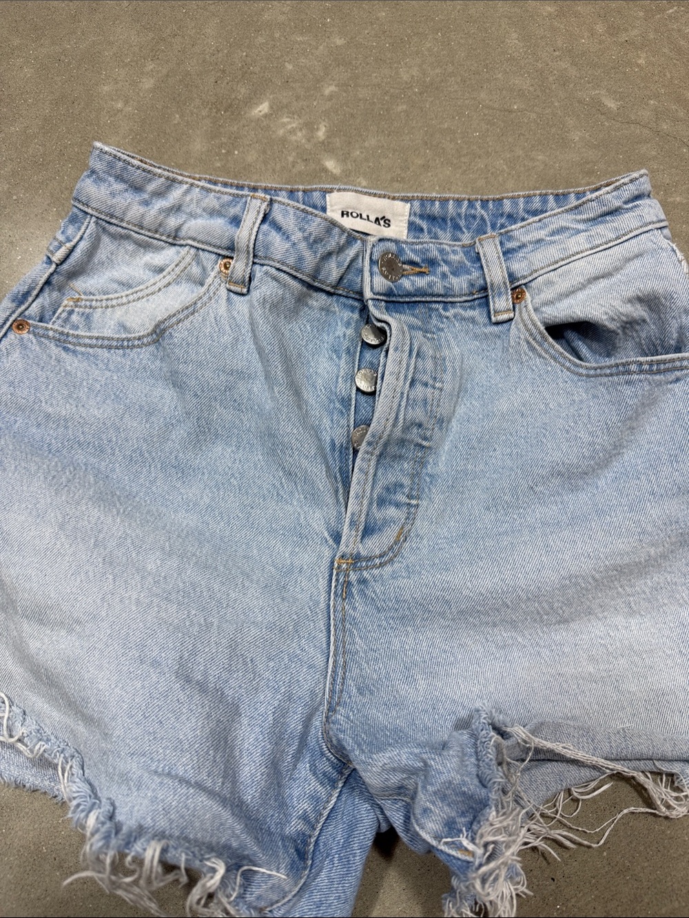 ROLLA'S light blue distressed button-fly denim shorts